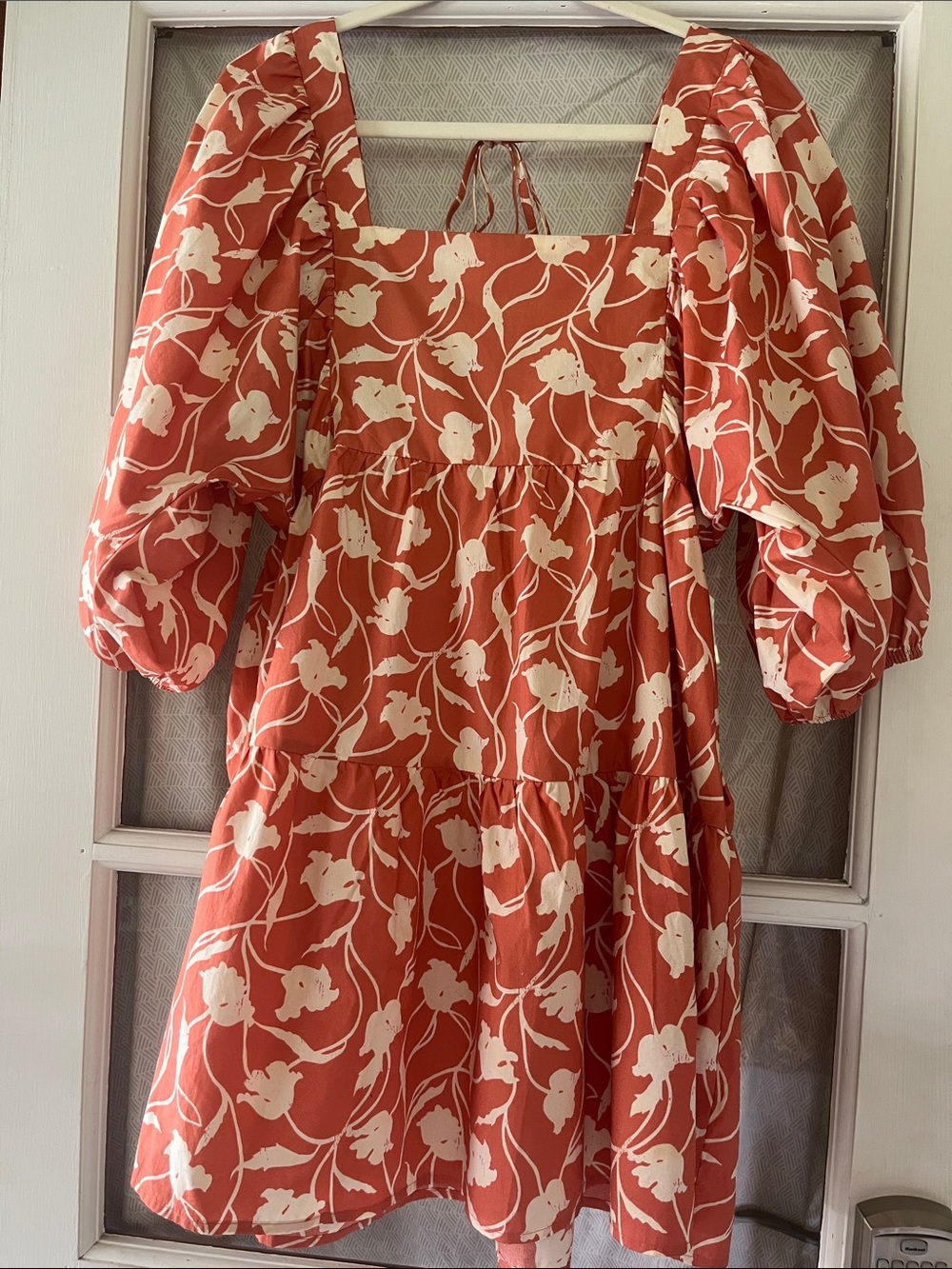 Coral Dress with Puff Sleeves + Tie in Back